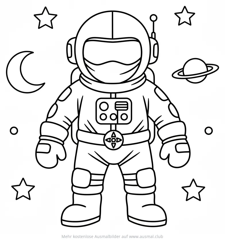 Ninja Astronaut Ausmalbild im Weltraum mit Sternen und Planeten