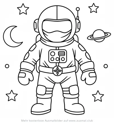 Ninja Astronaut Ausmalbild im Weltraum mit Sternen und Planeten
