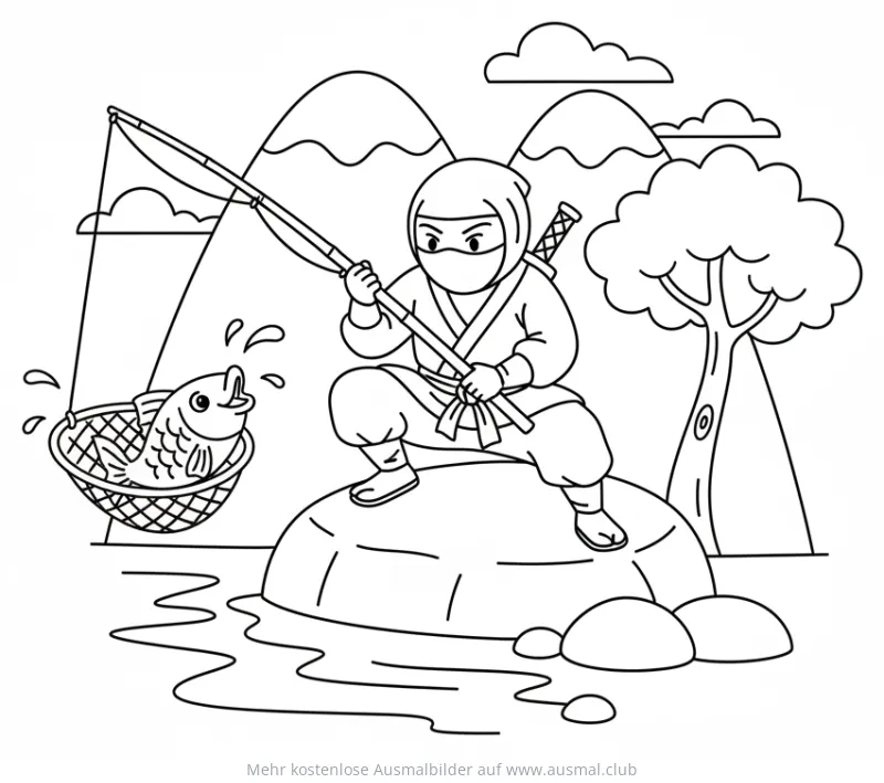 Ninja angelt Fisch Ausmalbild vor Bergkulisse
