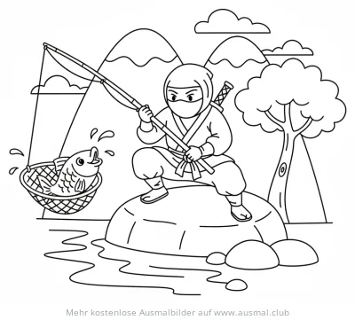 Ninja angelt Fisch Ausmalbild vor Bergkulisse