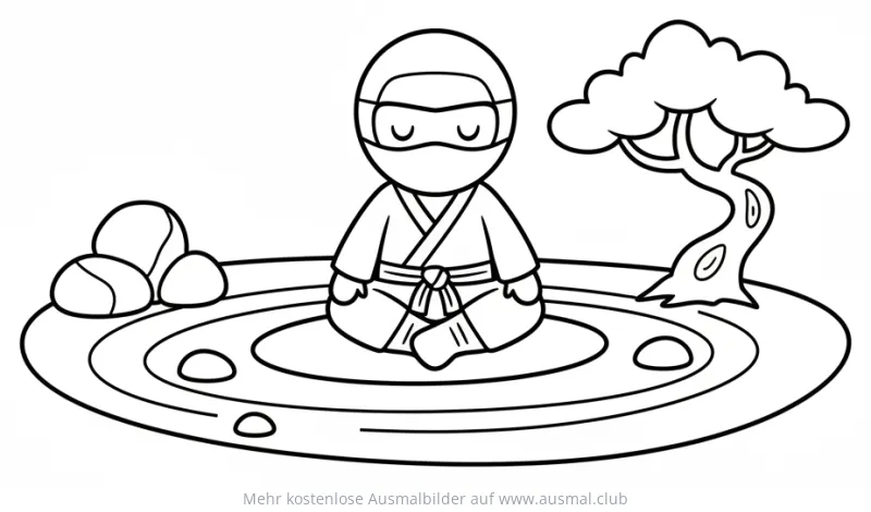 Ninja meditiert im Zengarten Ausmalbild