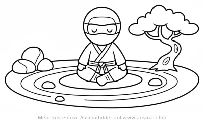 Ninja meditiert im Zengarten Ausmalbild