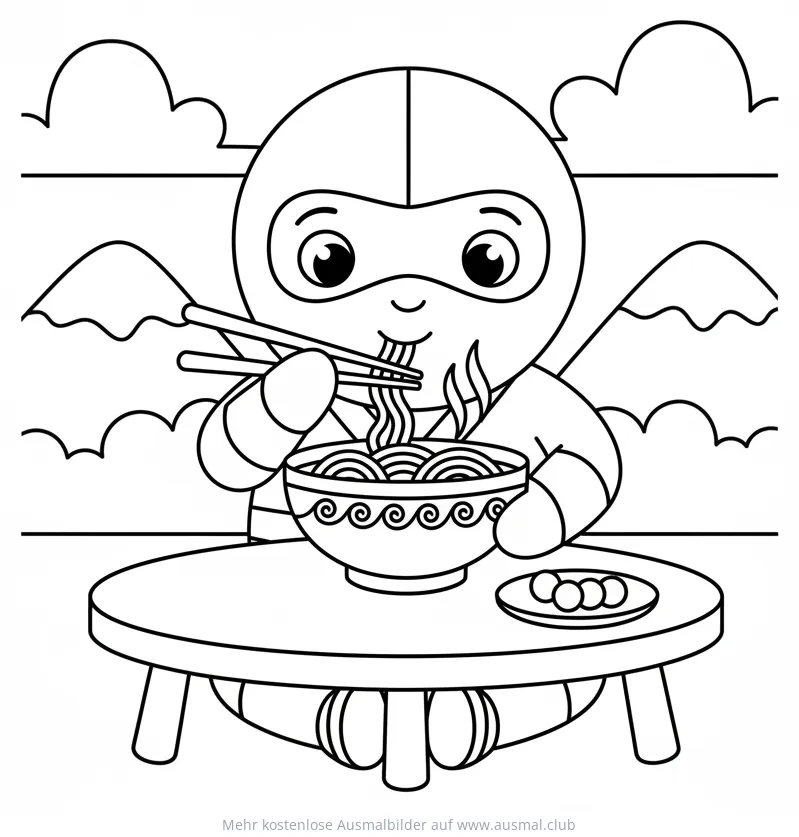 Ninja isst Ramen Ausmalbild vor Bergkulisse