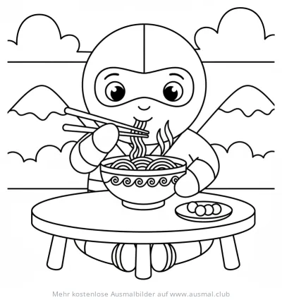 Ninja isst Ramen Ausmalbild vor Bergkulisse
