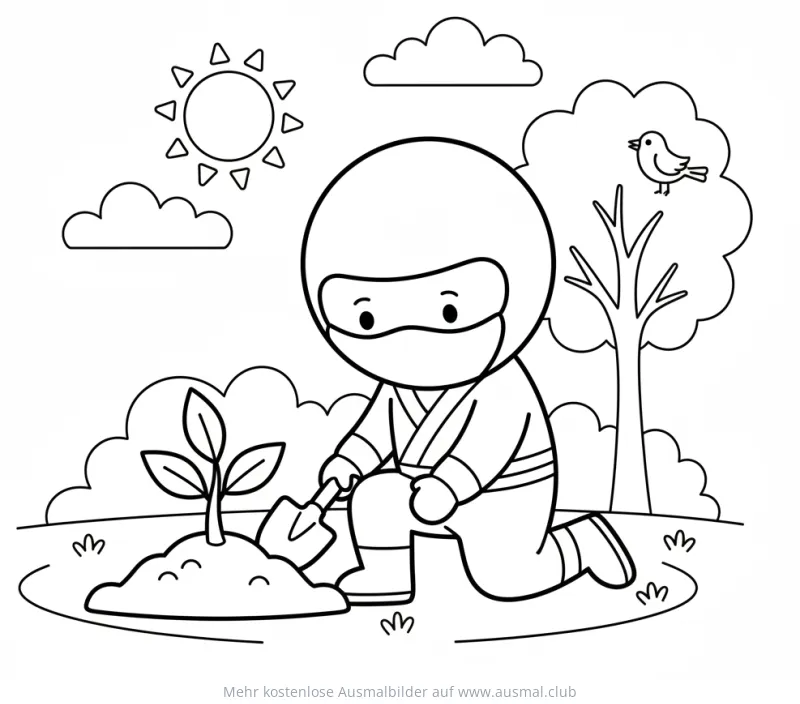 Ninja pflanzt einen Baum Ausmalbild