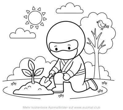 Ninja pflanzt einen Baum Ausmalbild