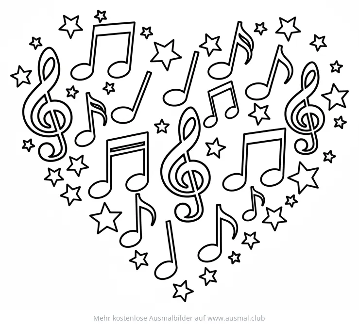 Noten Herz Ausmalbild mit Notenschlüssel und Sternen