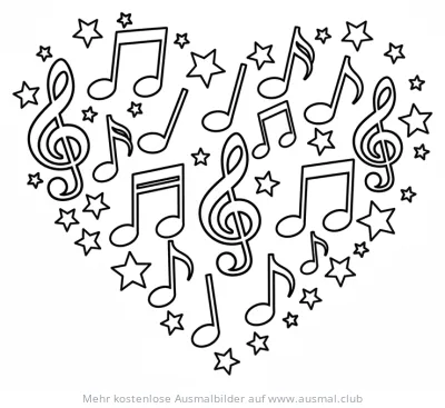 Noten Herz Ausmalbild mit Notenschlüssel und Sternen