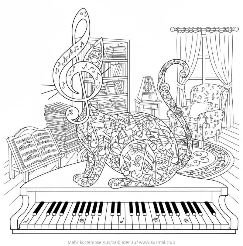 Katze aus Noten auf Klavier Ausmalbild