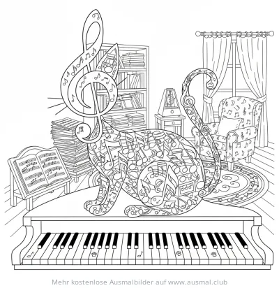 Katze aus Noten auf Klavier Ausmalbild