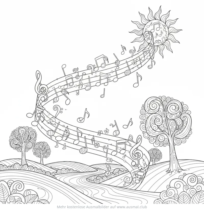 Notenlinien und Noten in Landschaft Ausmalbild