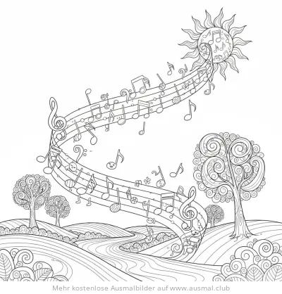 Notenlinien und Noten in Landschaft Ausmalbild