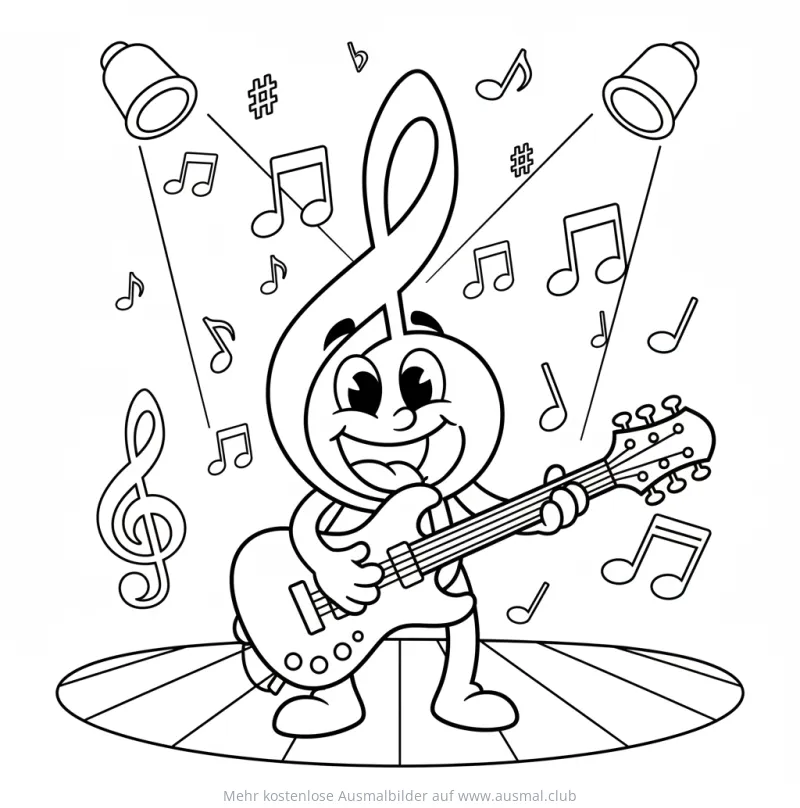 Notenschlüssel spielt Gitarre auf Bühne Ausmalbild