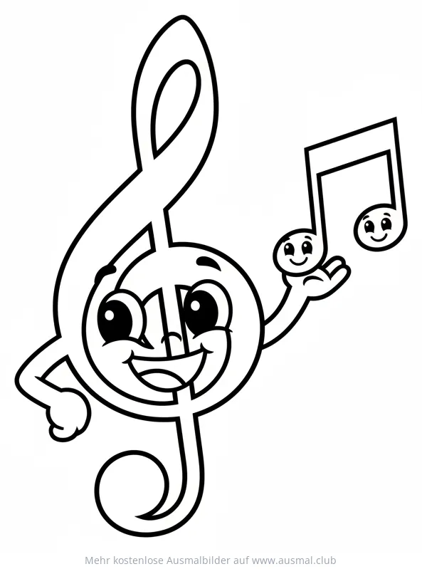 Freundlicher Notenschlüssel mit Note Ausmalbild