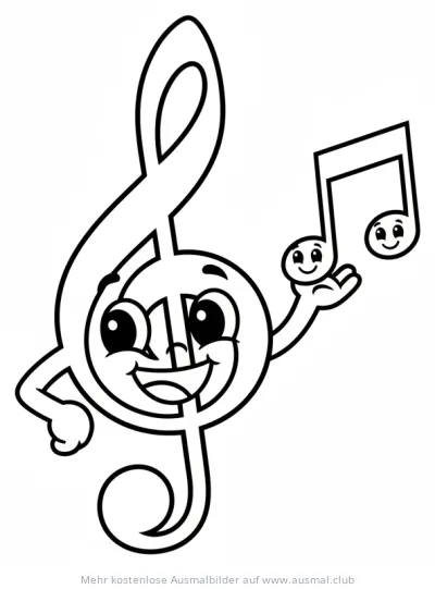 Freundlicher Notenschlüssel mit Note Ausmalbild