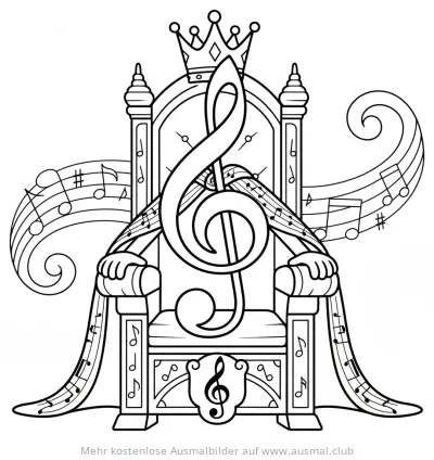 Notenschlüssel auf Thron mit Krone Ausmalbild