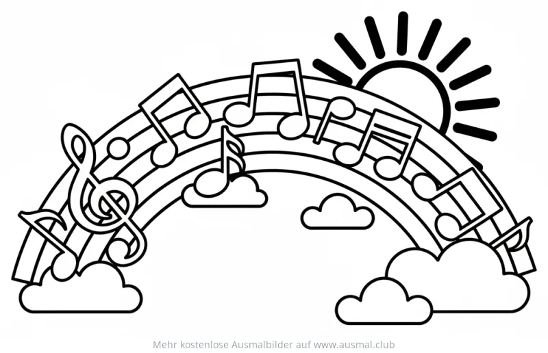 Noten Regenbogen Ausmalbild mit Sonne und Wolken
