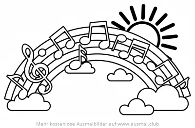 Noten Regenbogen Ausmalbild mit Sonne und Wolken