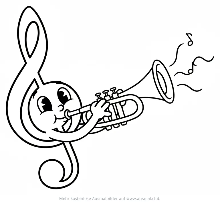 Notenschlüssel spielt Trompete Ausmalbild