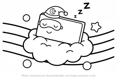 Schlafende Ganze Pause mit Schlafmütze und Maske auf Wolke Ausmalbild