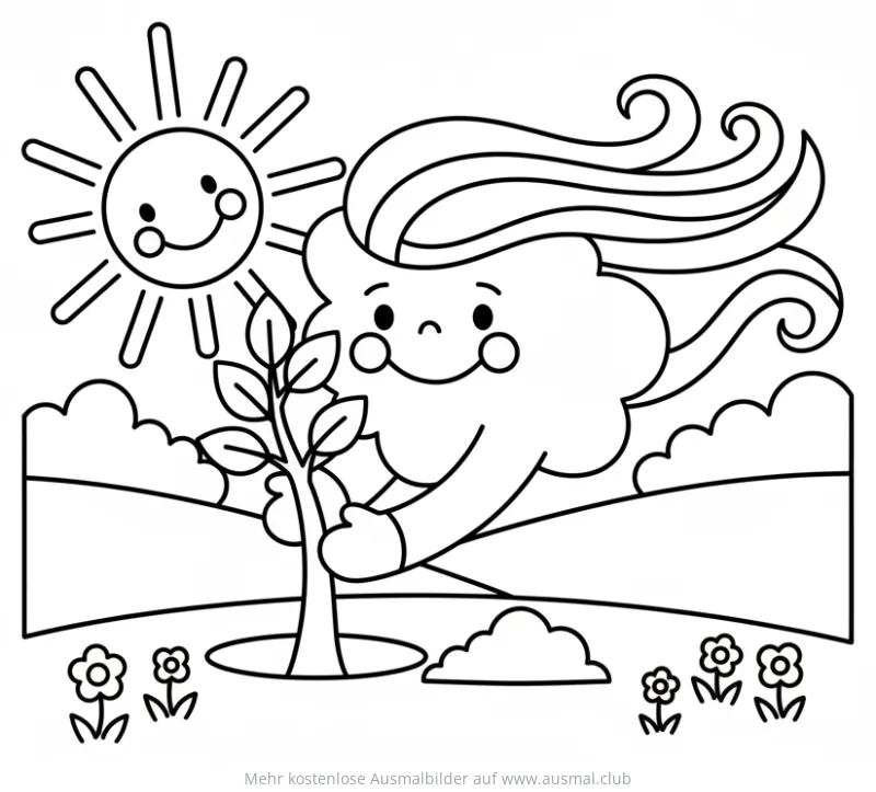 Sonne und Wolke pflanzen Baum Ausmalbild