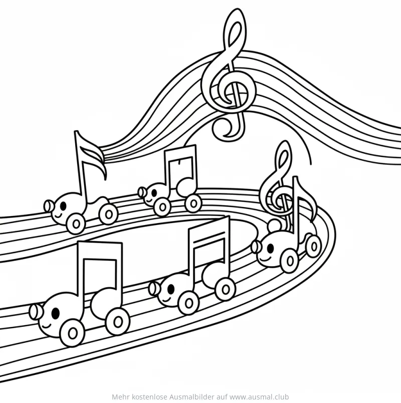 Noten-Autos auf Notensystem-Straße Ausmalbild