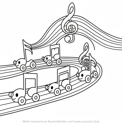 Noten-Autos auf Notensystem-Straße Ausmalbild