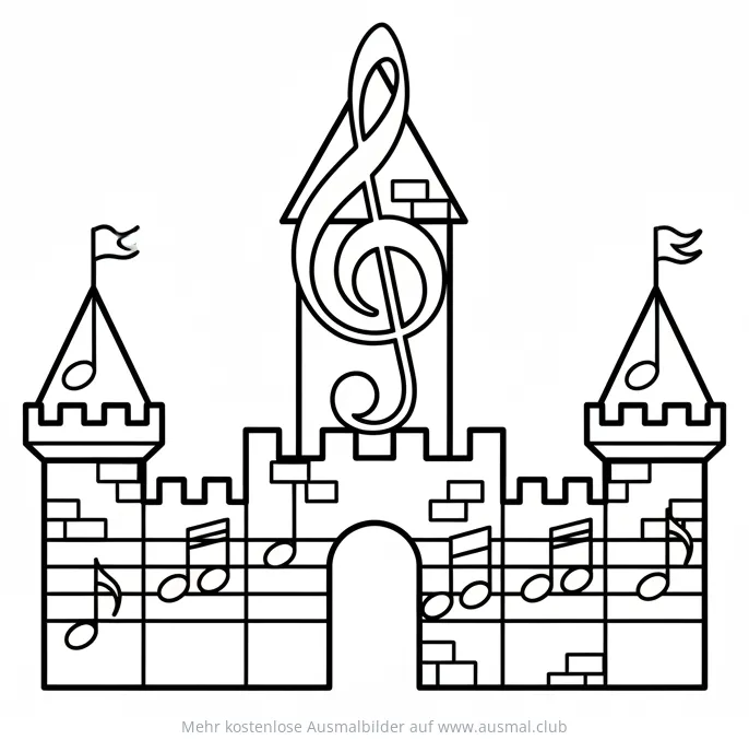 Notenburg Ausmalbild mit Notenschlüssel und Noten
