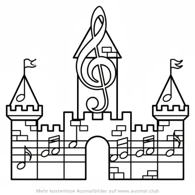 Notenburg Ausmalbild mit Notenschlüssel und Noten