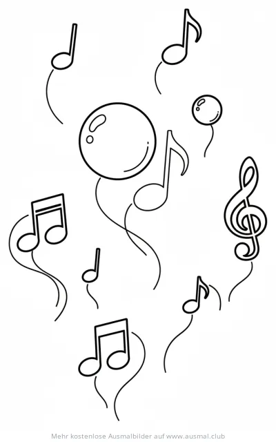 Noten Ausmalbild mit Notenschlüssel und schwebenden Noten