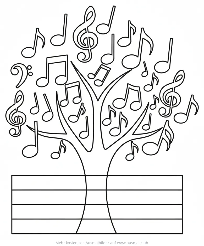 Notenbaum Ausmalbild mit Noten und Notenschlüsseln