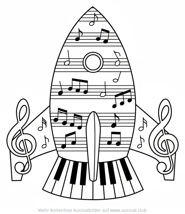 Noten-Raumschiff Ausmalbild mit Noten, Notenschlüssel und Klaviertasten