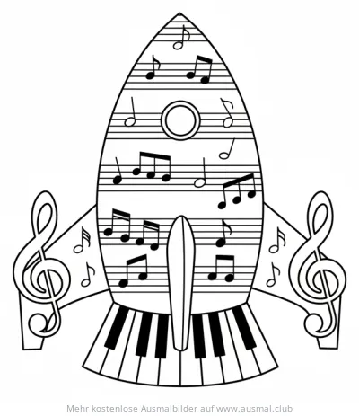 Noten-Raumschiff Ausmalbild mit Noten, Notenschlüssel und Klaviertasten