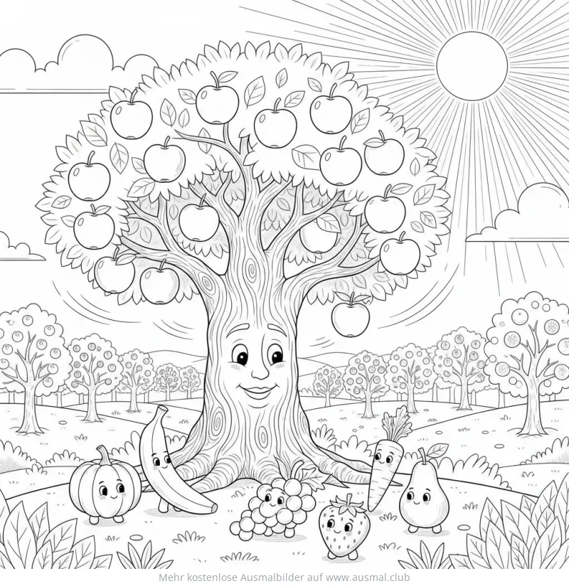 Apfelbaum mit Gesicht und Obst- und Gemüsefiguren Ausmalbild