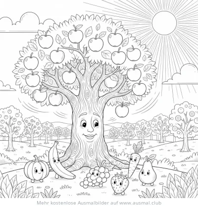 Apfelbaum mit Gesicht und Obst- und Gemüsefiguren Ausmalbild