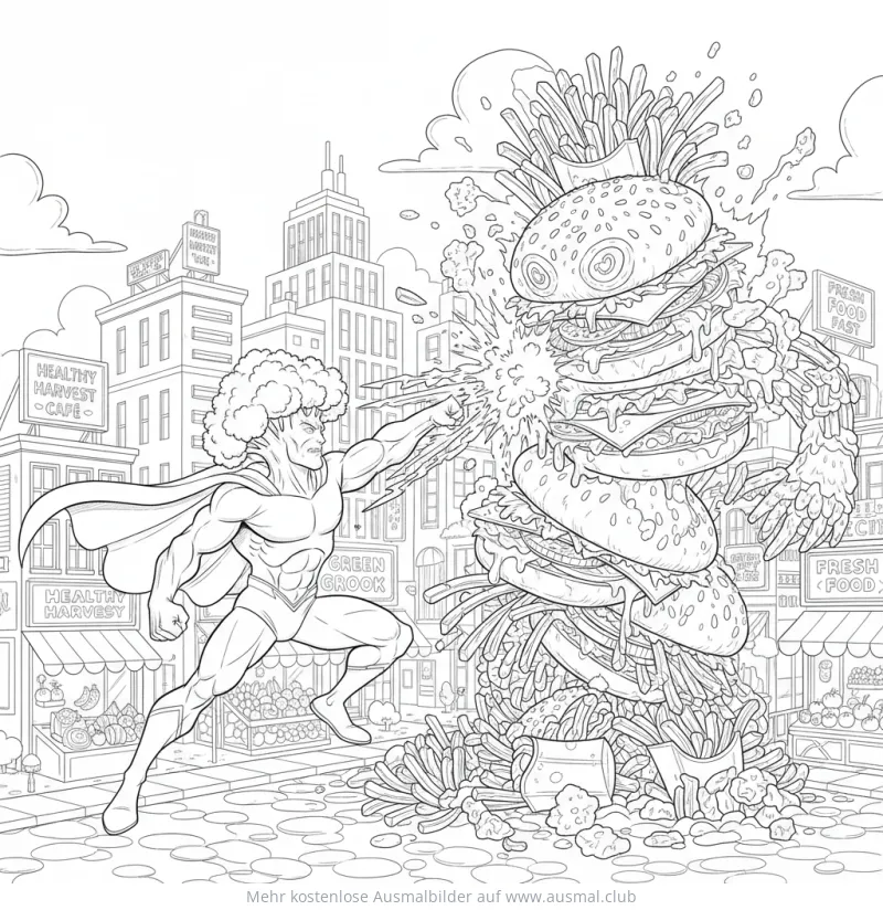 Brokkoli Superheld kämpft gegen Burger Monster Ausmalbild