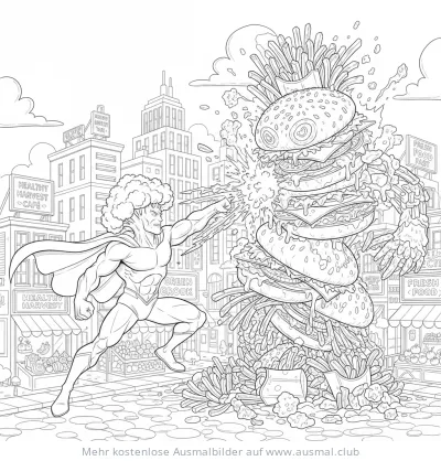 Brokkoli Superheld kämpft gegen Burger Monster Ausmalbild