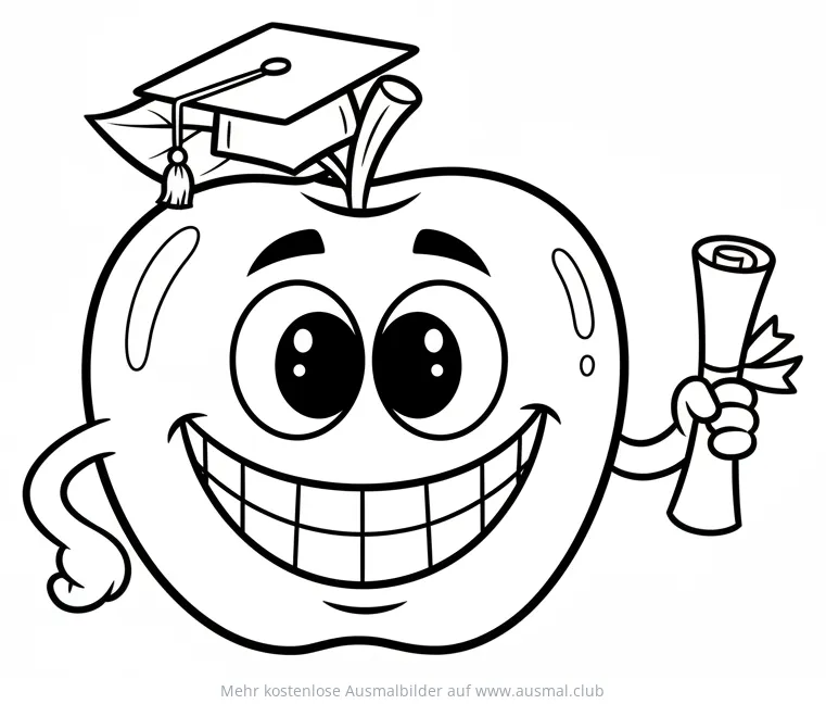 Lachender Apfel mit Abschlussmütze und Urkunde Ausmalbild