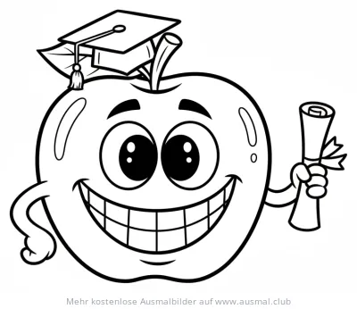 Lachender Apfel mit Abschlussmütze und Urkunde Ausmalbild