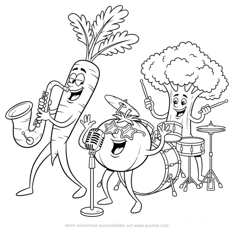 Gemüse Band mit Karotte, Brokkoli und Tomate am Instrument Ausmalbild