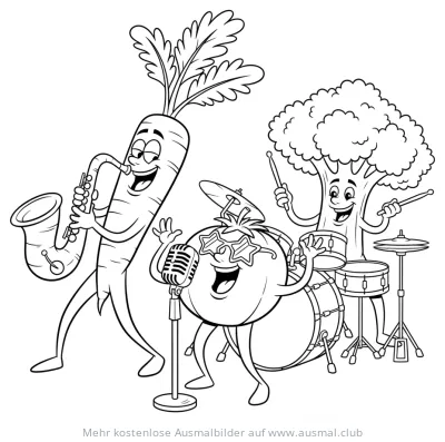 Gemüse Band mit Karotte, Brokkoli und Tomate am Instrument Ausmalbild