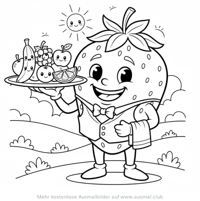 Erdbeere Kellner mit Obst Tablett Ausmalbild