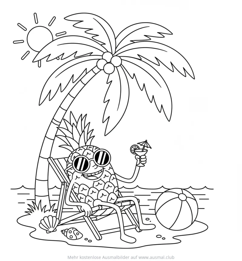 Ananas mit Sonnenbrille, Cocktail und Palme am Strand Ausmalbild