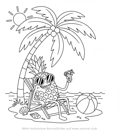 Ananas mit Sonnenbrille, Cocktail und Palme am Strand Ausmalbild