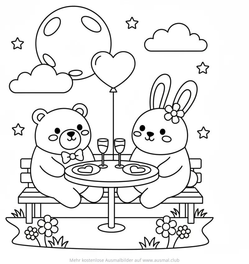 Bär und Hase beim romantischen Date Ausmalbild