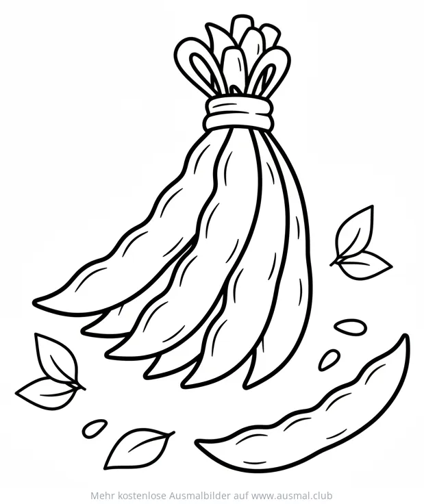 Bündel Bohnen mit Blättern und einzelnen Bohnen Ausmalbild