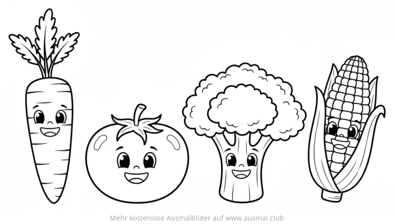 Gemüse Quartett Ausmalbild mit Karotte, Tomate, Brokkoli und Maiskolben