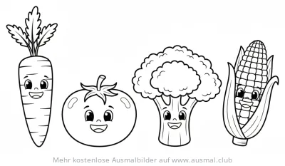Gemüse Quartett Ausmalbild mit Karotte, Tomate, Brokkoli und Maiskolben