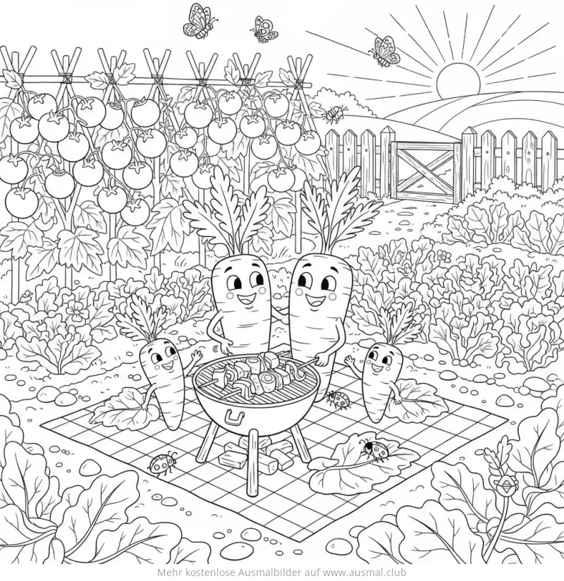 Karotten Familie beim Picknick mit Grill Ausmalbild