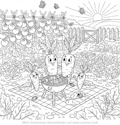 Karotten Familie beim Picknick mit Grill Ausmalbild